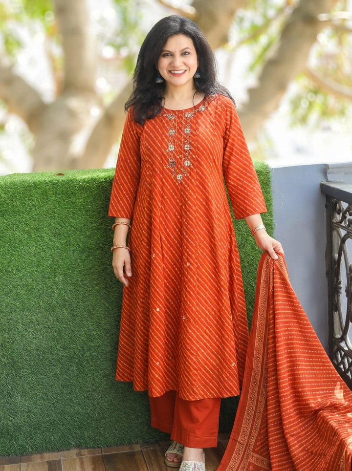 Morni Burnt Rust Mirror Leheriya Cotton 3 Piece Set