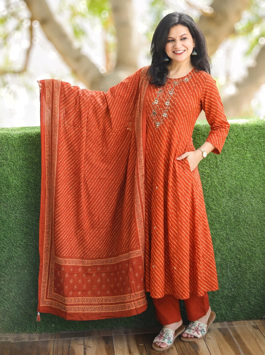 Morni Burnt Rust Mirror Leheriya Cotton 3 Piece Set