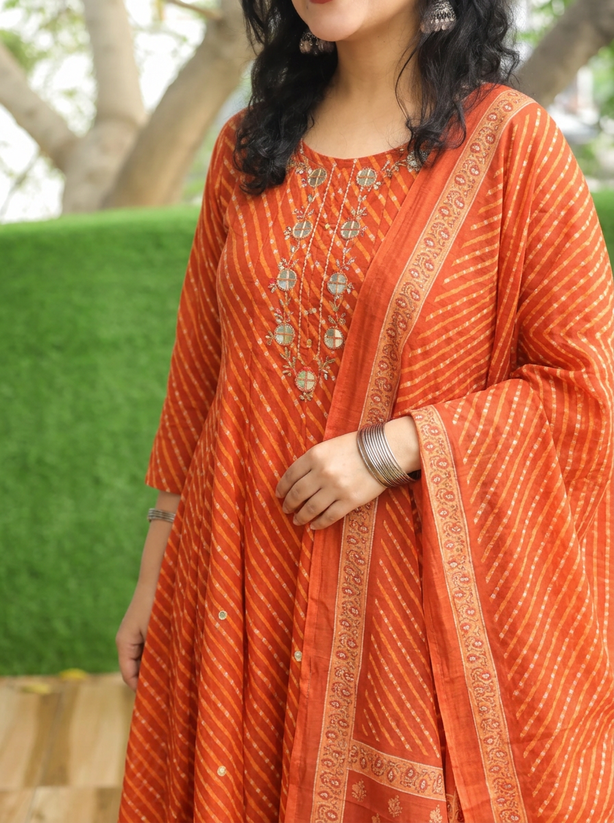 Morni Burnt Rust Mirror Leheriya Cotton 3 Piece Set
