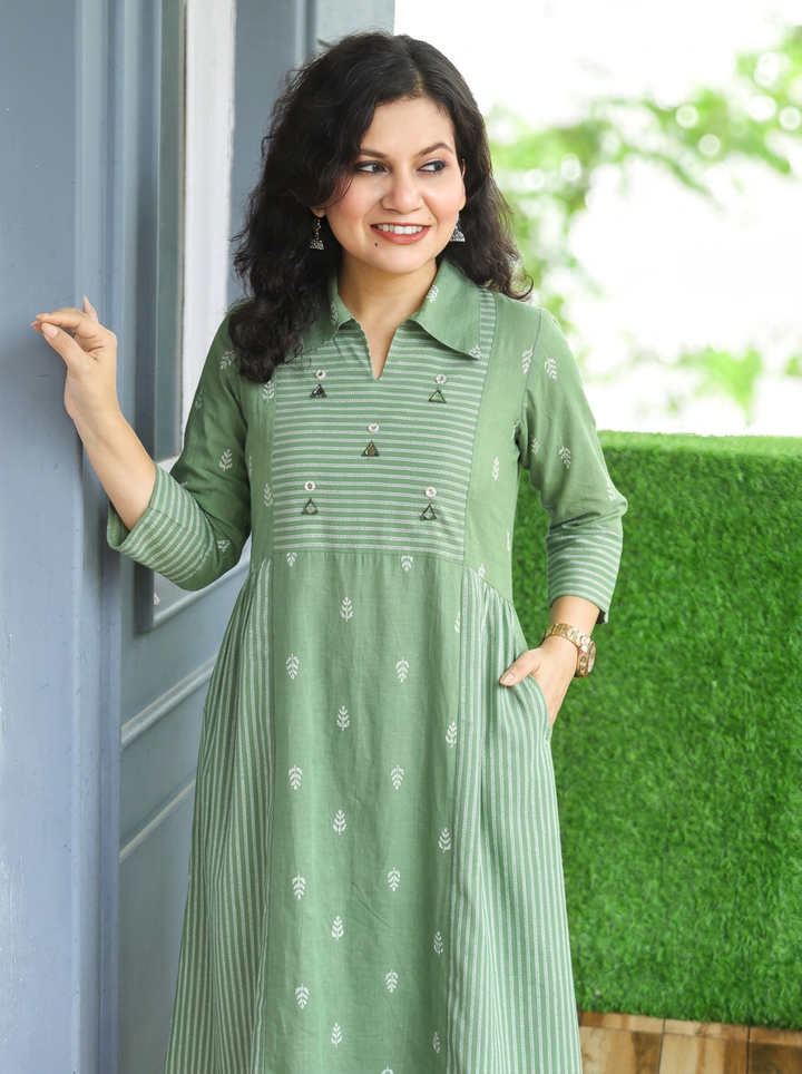 Zaira Sage Green Thread Woven Panel South Cotton Dress