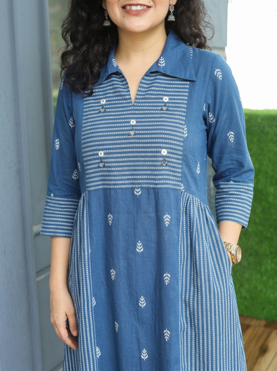 Zaira Ceru Blue Thread Woven Panel South Cotton Dress