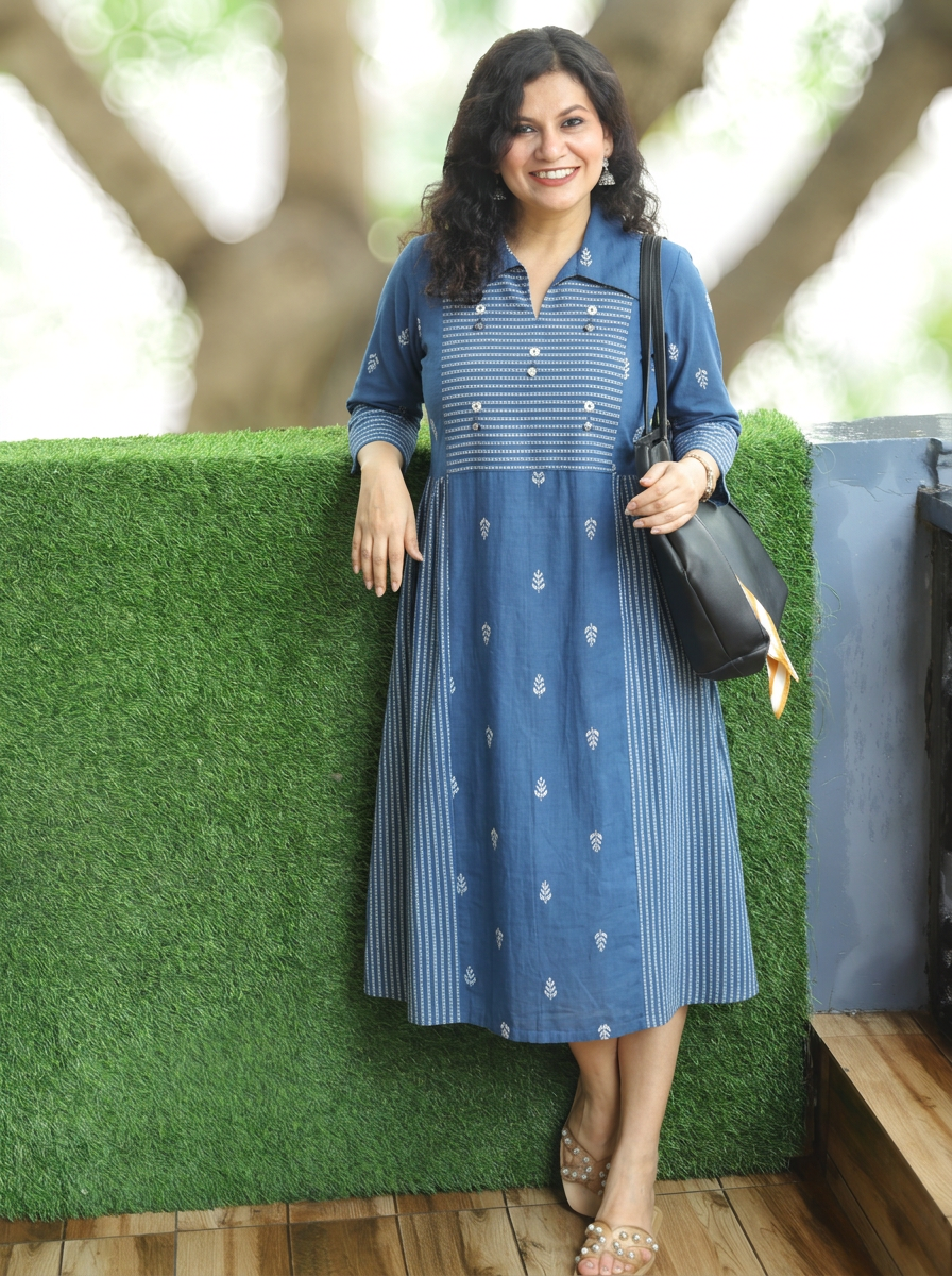 Zaira Ceru Blue Thread Woven Panel South Cotton Dress