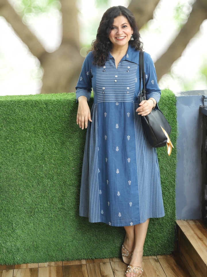 Zaira Ceru Blue Thread Woven Panel South Cotton Dress