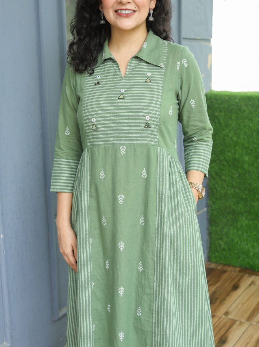 Zaira Sage Green Thread Woven Panel South Cotton Dress
