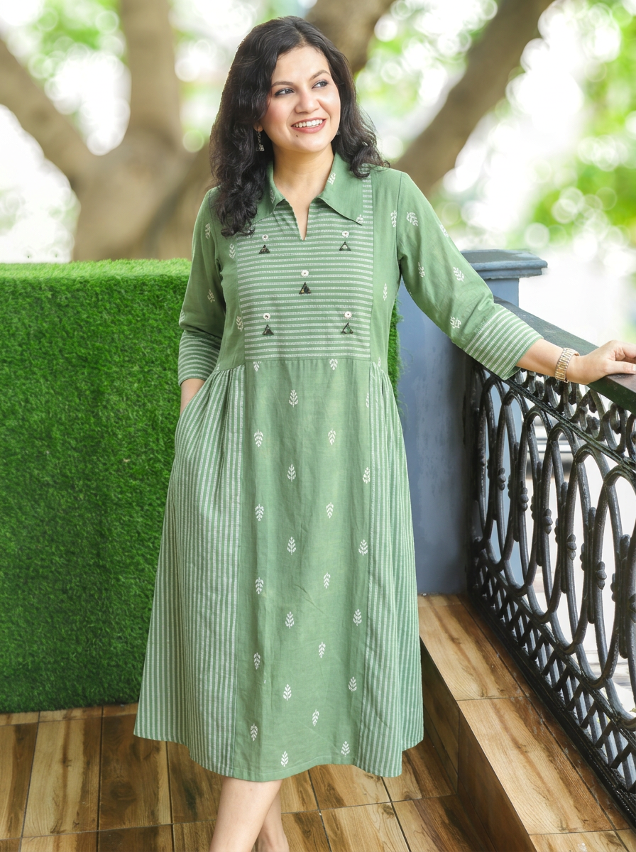 Zaira Sage Green Thread Woven Panel South Cotton Dress