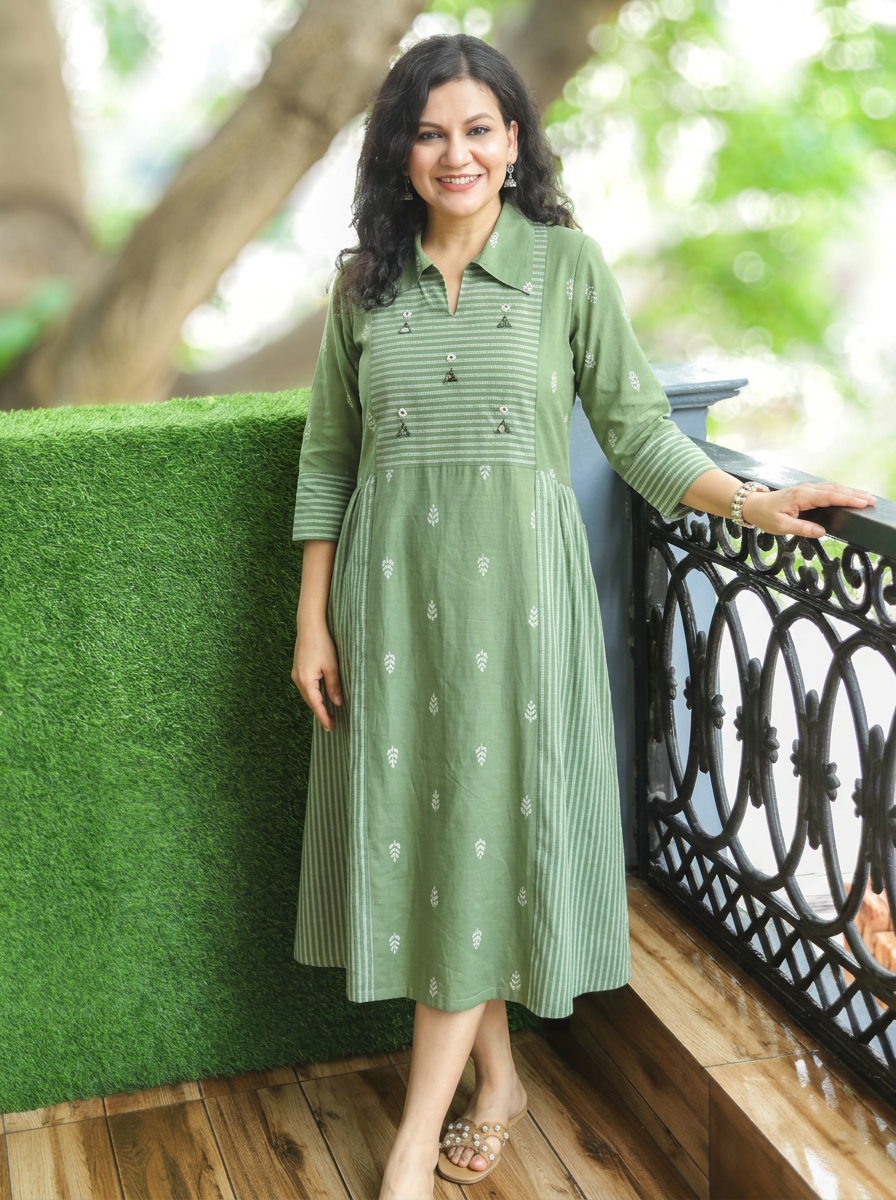 Zaira Sage Green Thread Woven Panel South Cotton Dress