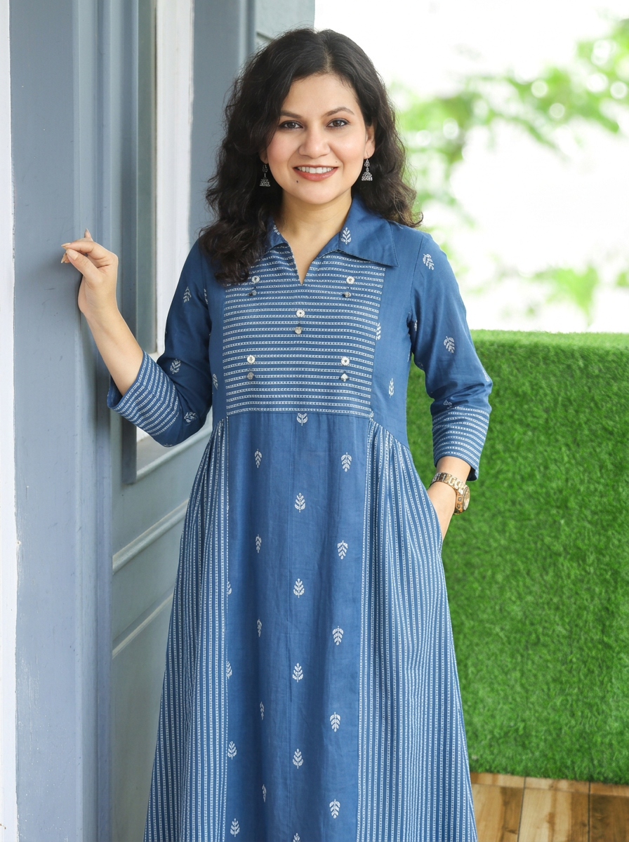 Zaira Ceru Blue Thread Woven Panel South Cotton Dress