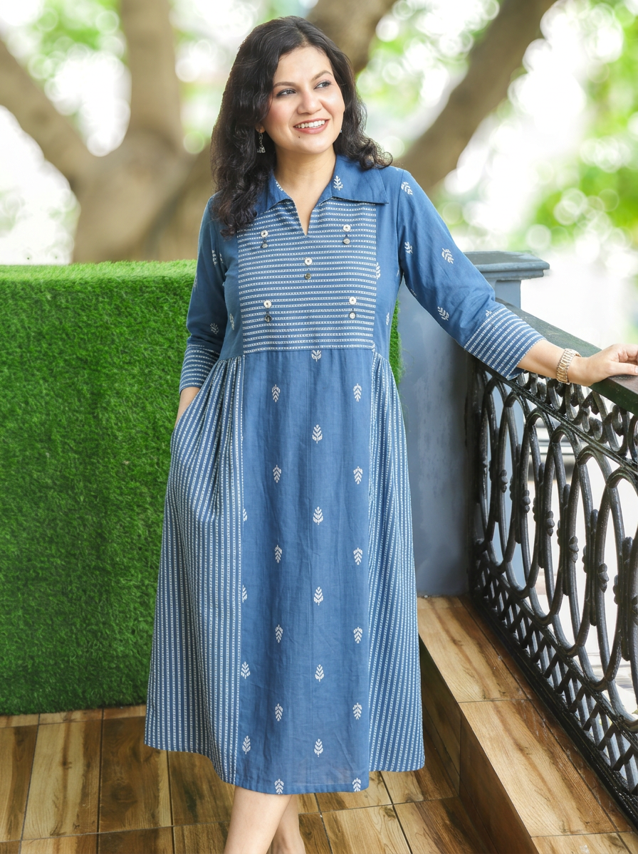 Zaira Ceru Blue Thread Woven Panel South Cotton Dress