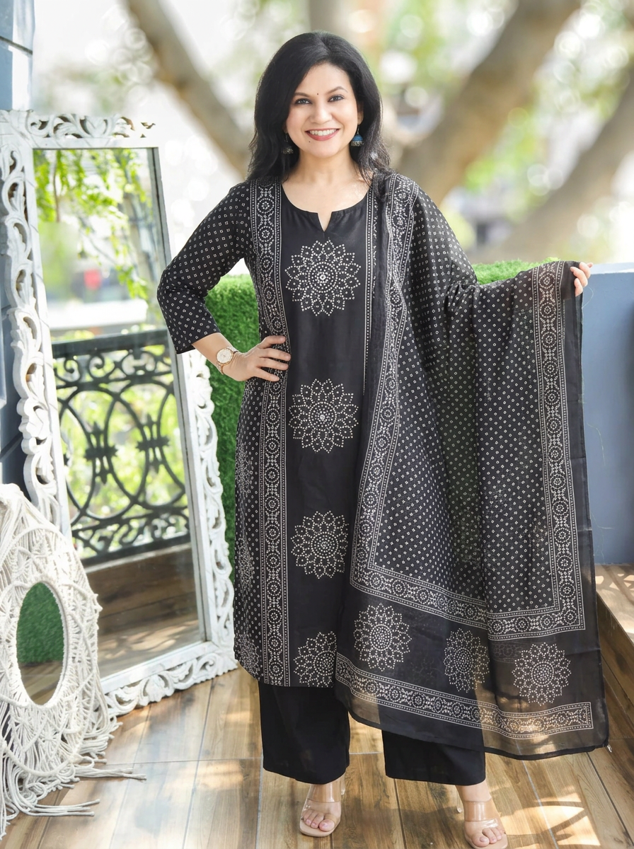 Jhanvi Black Bandhani Printed Cotton 3 Piece Set