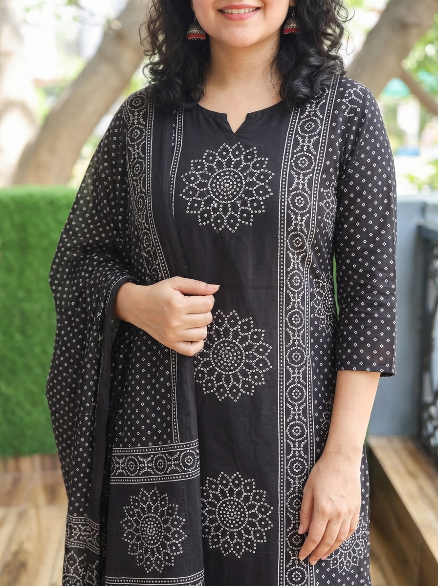 Jhanvi Black Bandhani Printed Cotton 3 Piece Set