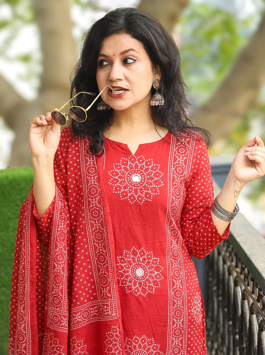 Jhanvi Red Bandhani Printed Cotton 3 Piece Set
