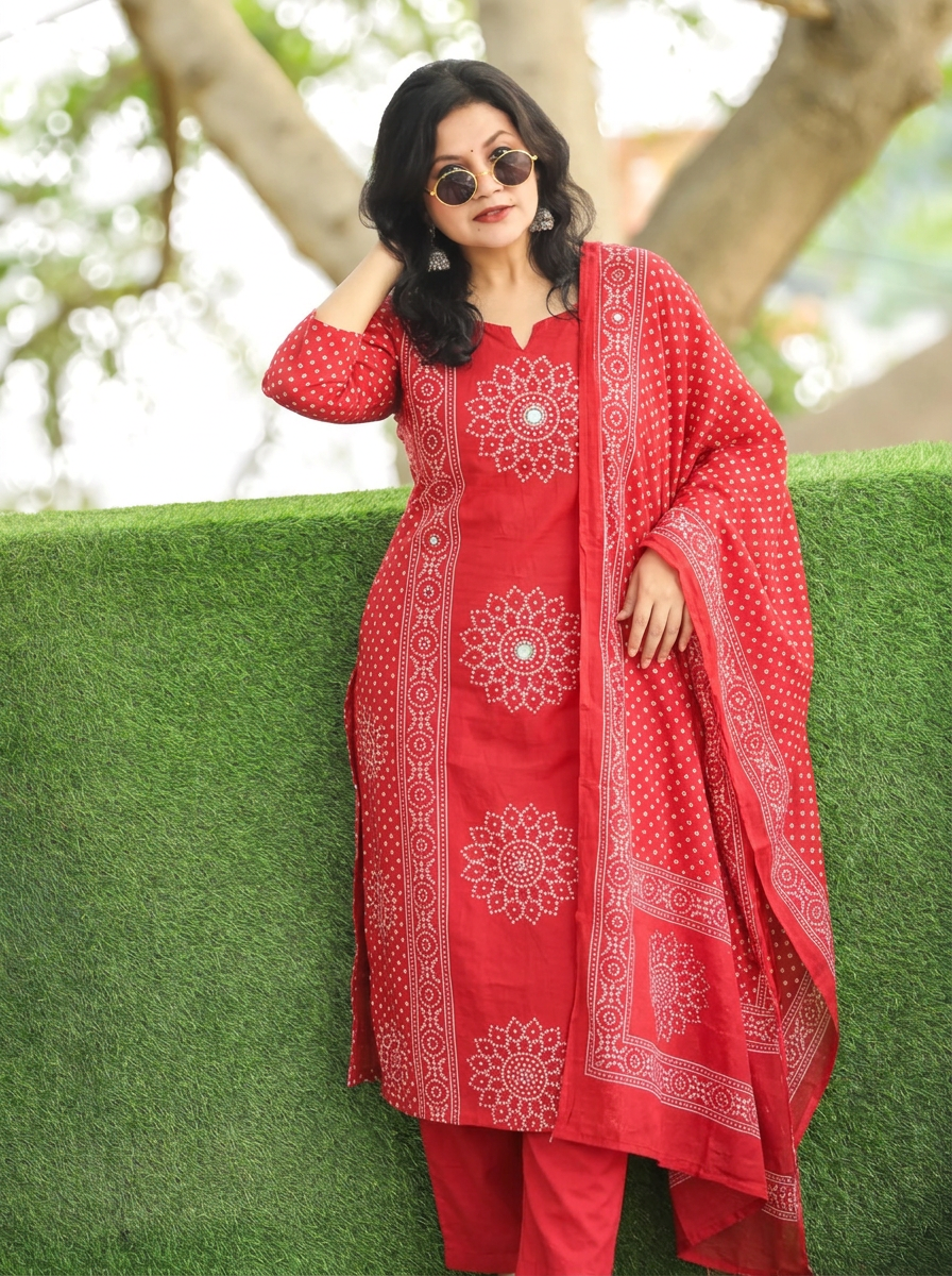 Jhanvi Red Bandhani Printed Cotton 3 Piece Set