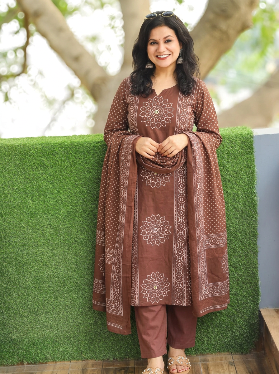 Jhanvi Choco Brown Bandhani Printed Cotton 3 Piece Set