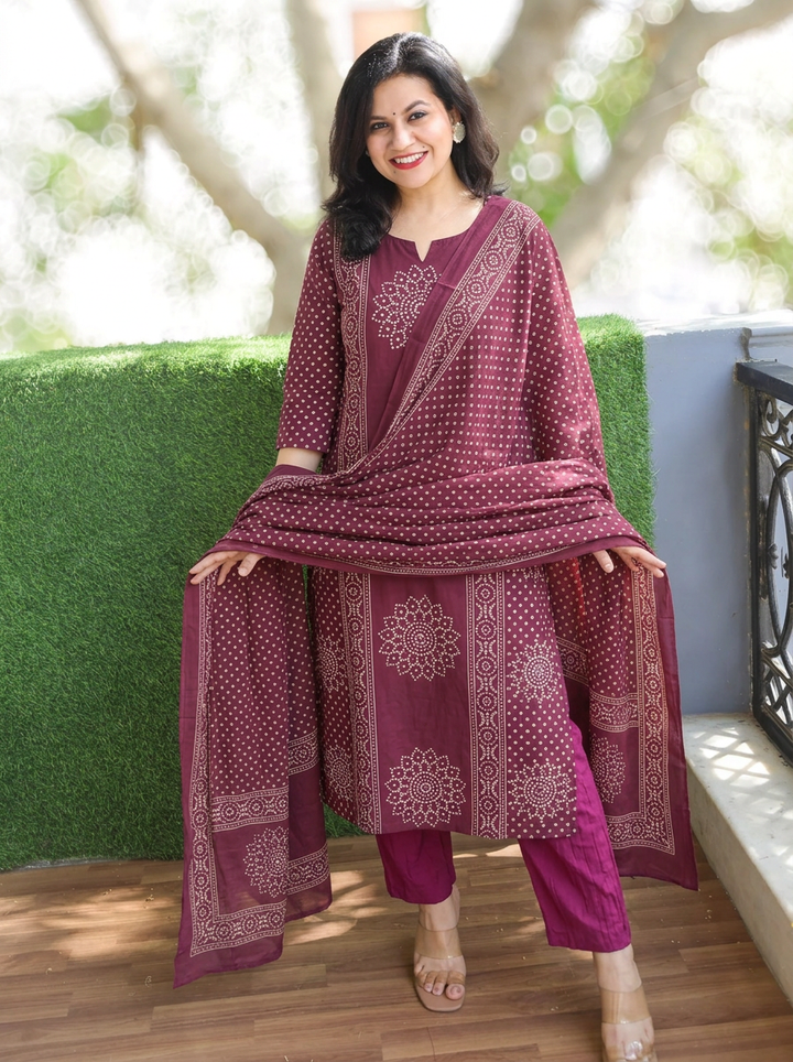 Jhanvi Deep Purple Bandhani Printed Cotton 3 Piece Set