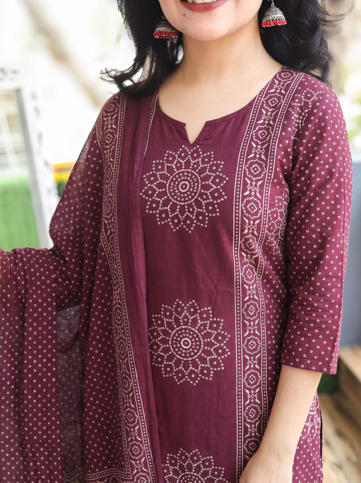 Jhanvi Deep Purple Bandhani Printed Cotton 3 Piece Set