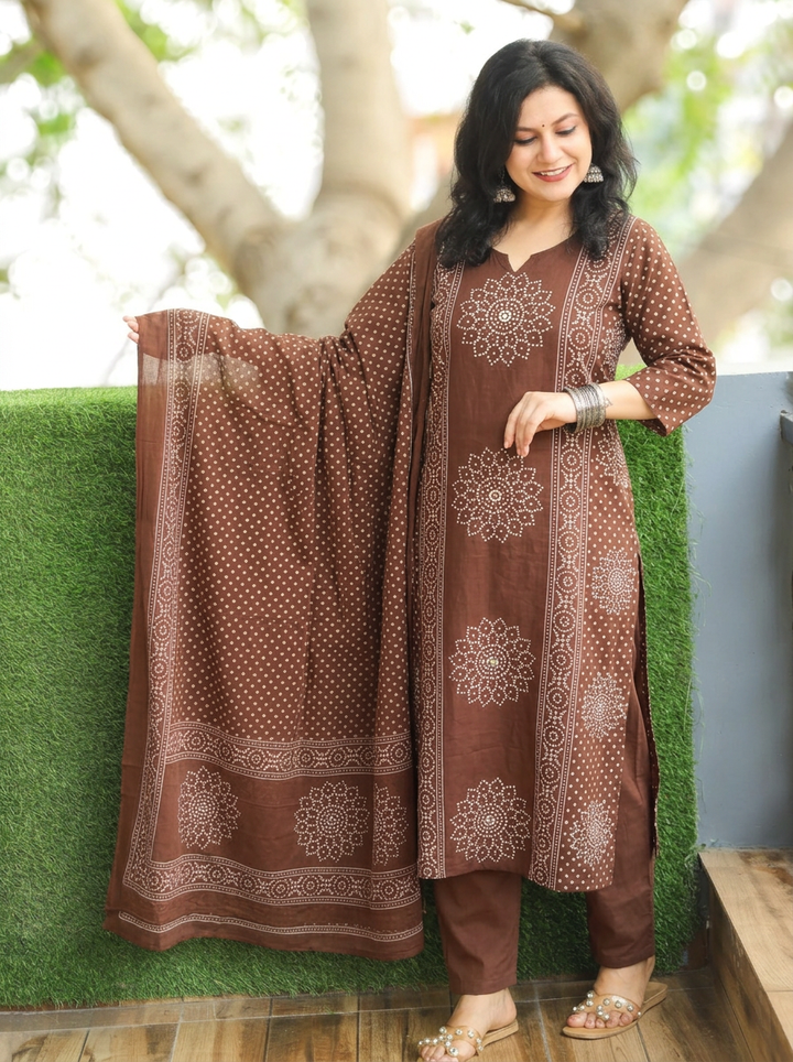 Jhanvi Choco Brown Bandhani Printed Cotton 3 Piece Set