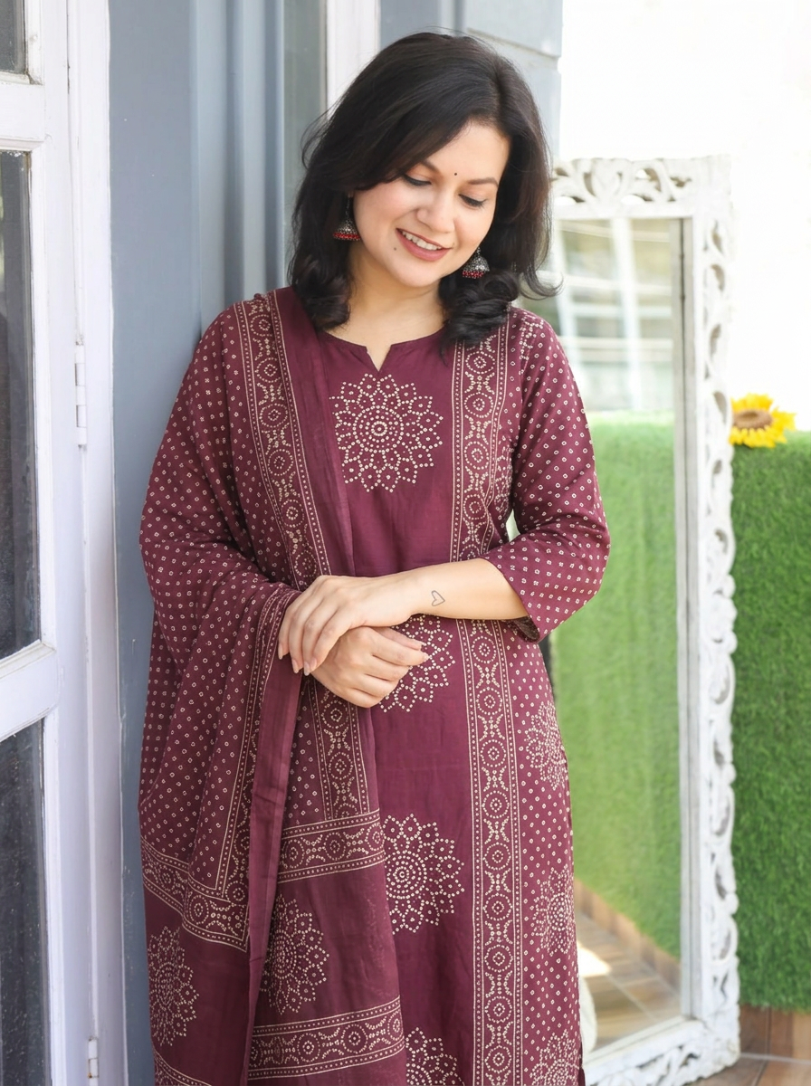 Jhanvi Deep Purple Bandhani Printed Cotton 3 Piece Set