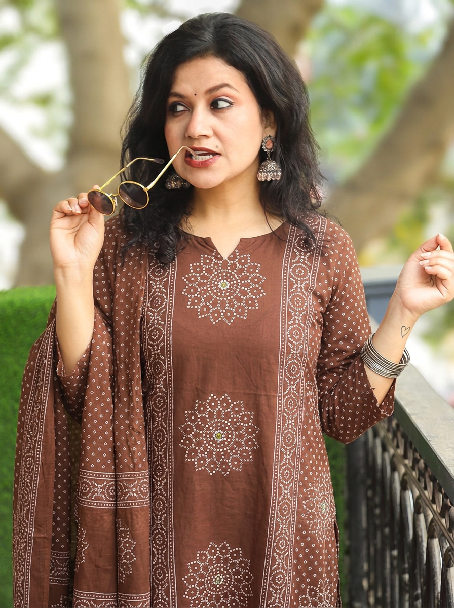 Jhanvi Choco Brown Bandhani Printed Cotton 3 Piece Set