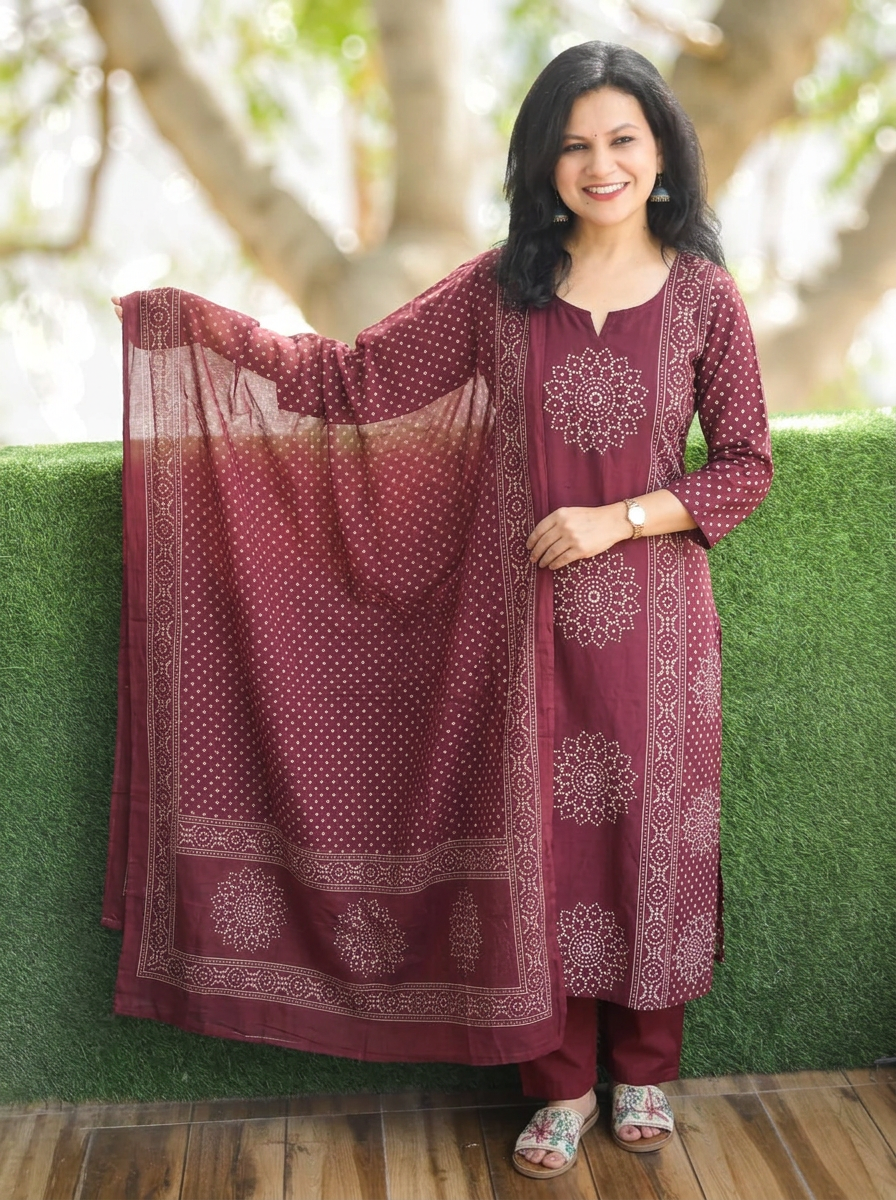 Jhanvi Deep Purple Bandhani Printed Cotton 3 Piece Set