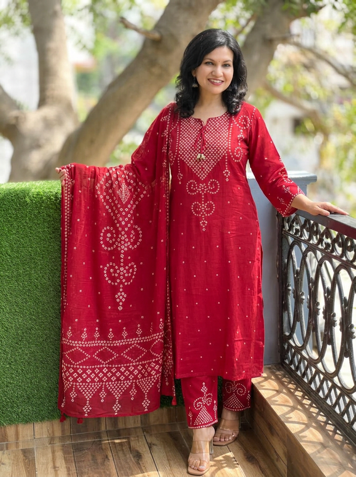 Rudhra Apple Red Bandhej Print Cotton 3 Piece Set