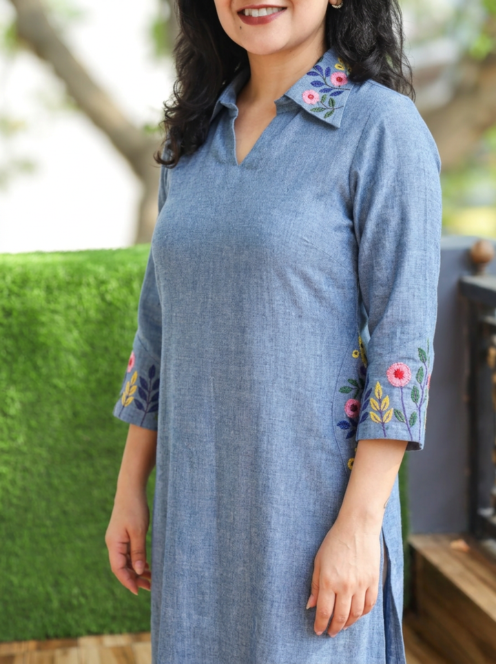 Kaashu Bluish Grey Collar Neck Jute 2 Piece Set
