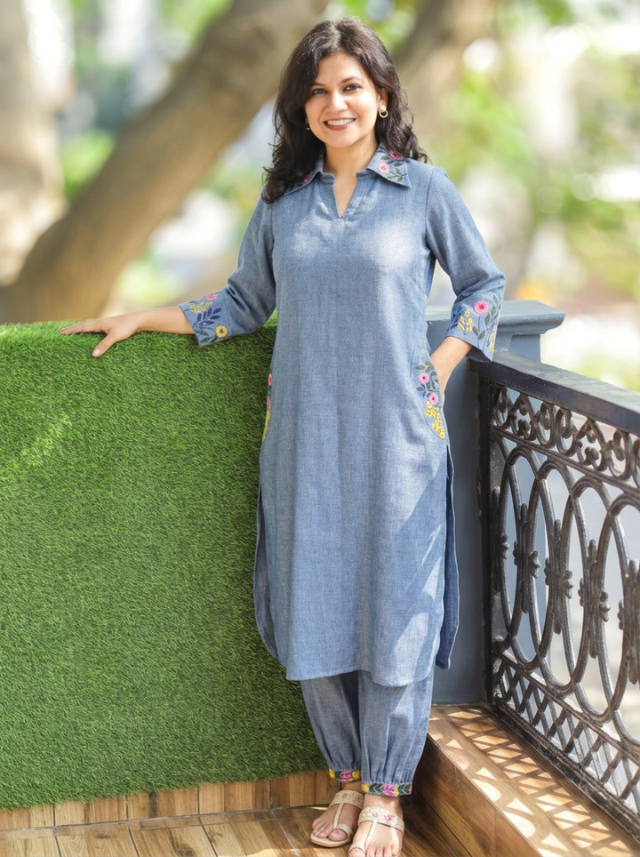 Kaashu Bluish Grey Collar Neck Jute 2 Piece Set