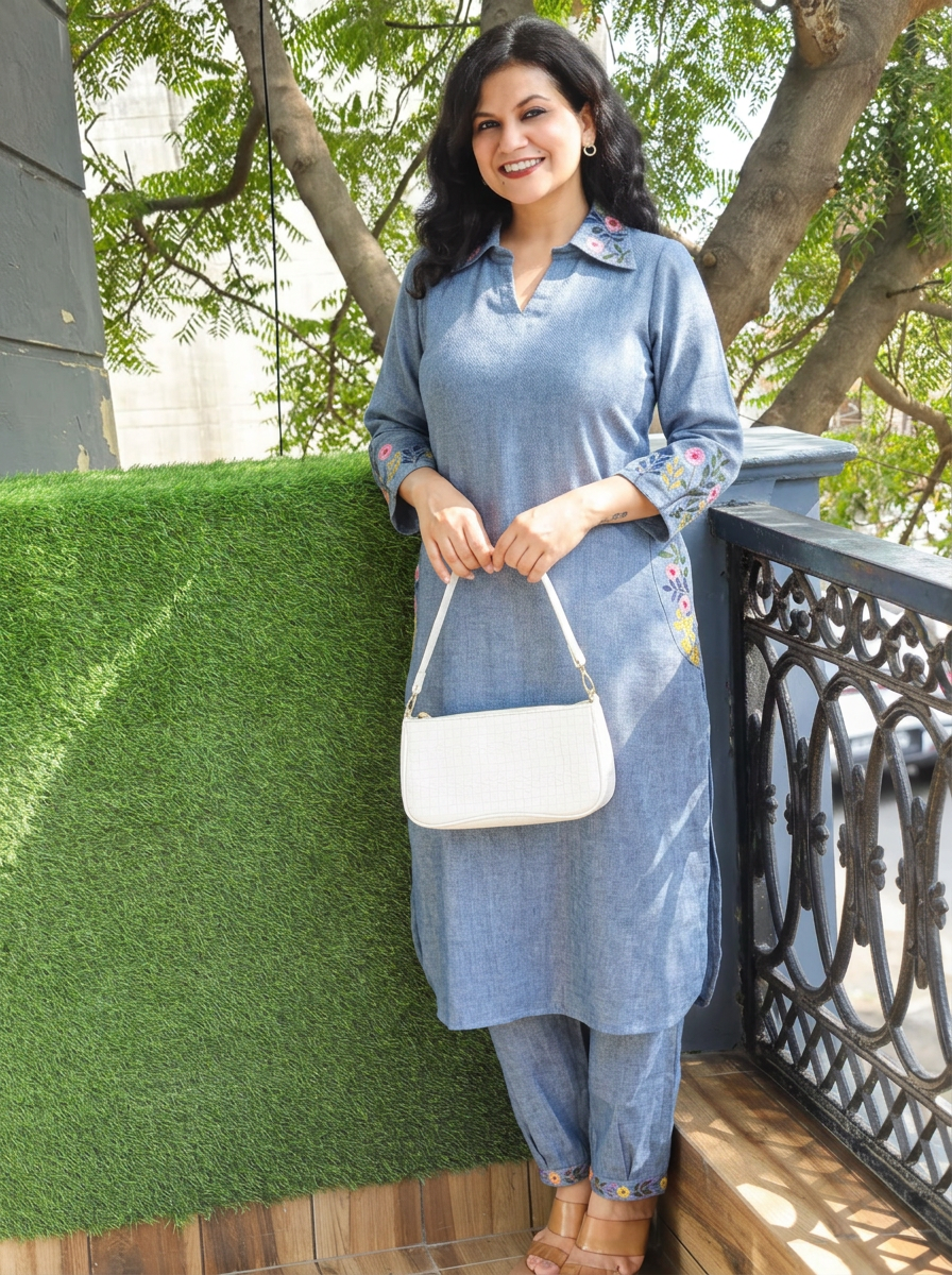 Kaashu Bluish Grey Collar Neck Jute 2 Piece Set