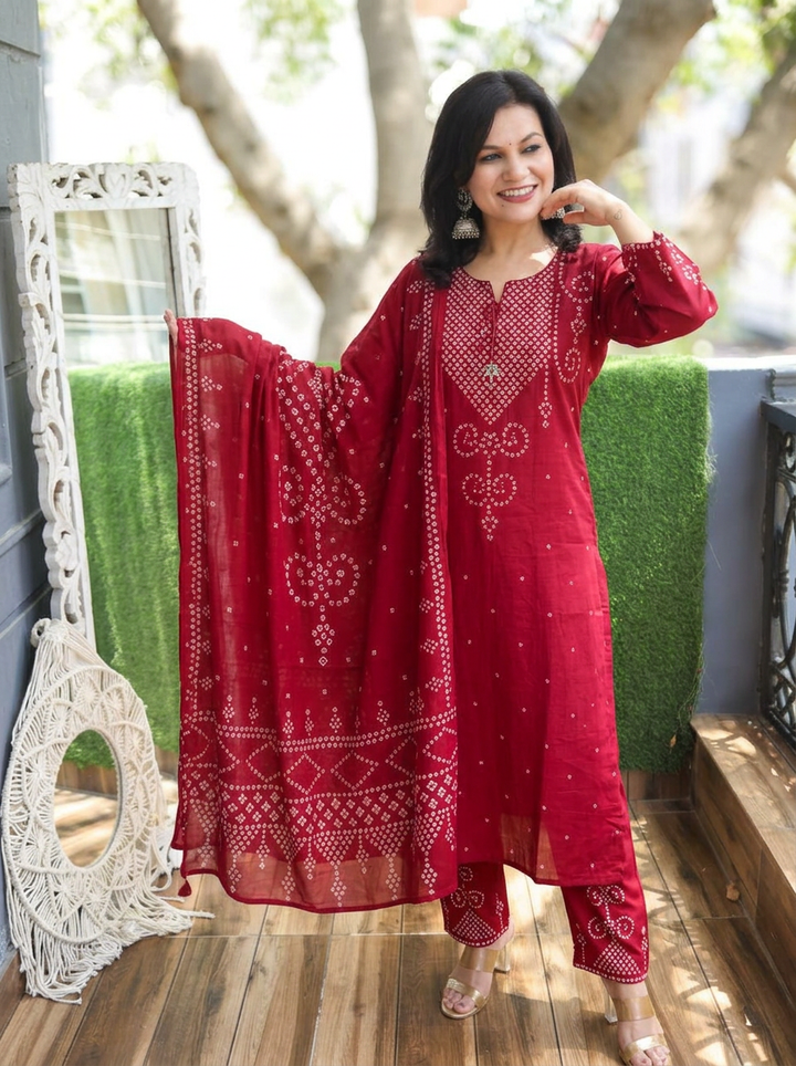 Rudhra Apple Red Bandhej Print Cotton 3 Piece Set