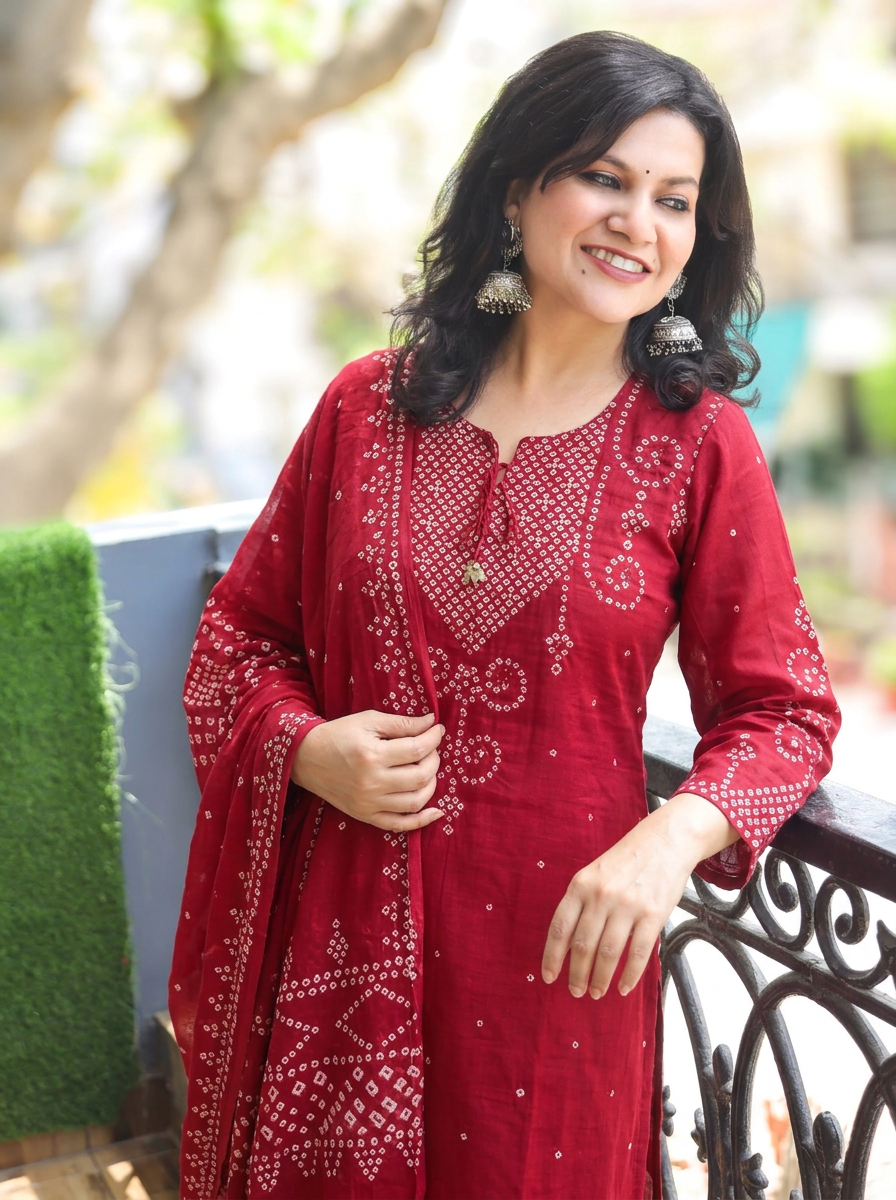 Rudhra Apple Red Bandhej Print Cotton 3 Piece Set