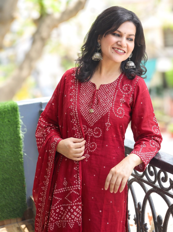 Rudhra Apple Red Bandhej Print Cotton 3 Piece Set