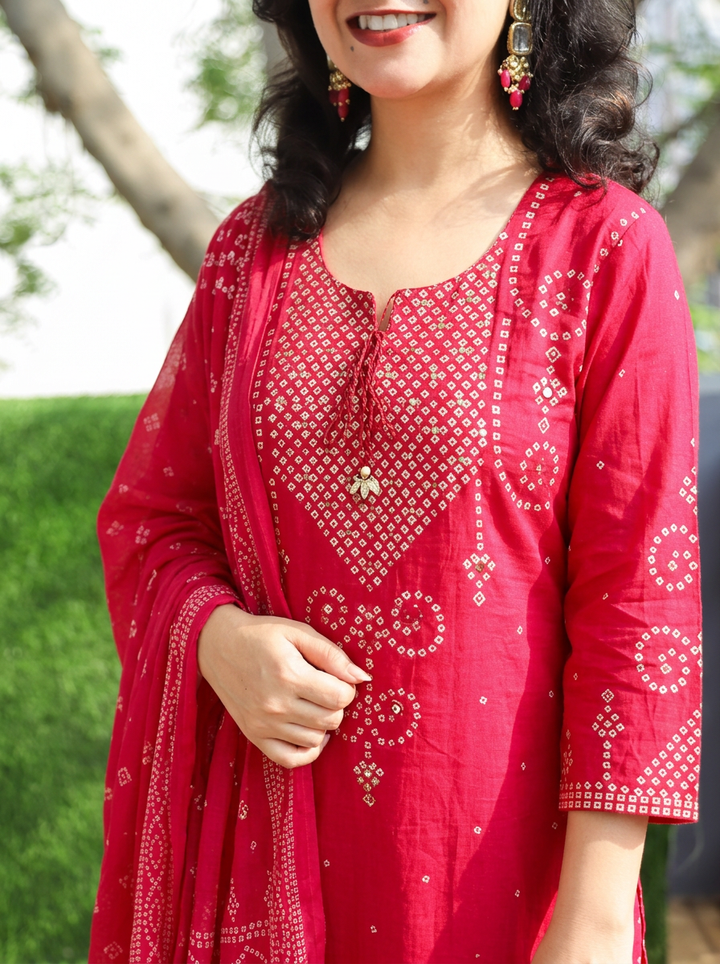 Rudhra Apple Red Bandhej Print Cotton 3 Piece Set