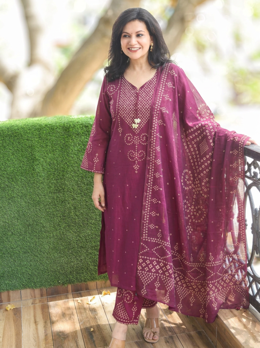 Rudhra Deep Wine Bandhej Print Cotton 3 Piece Set