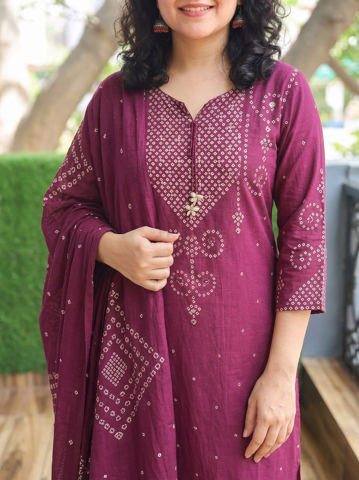 Rudhra Deep Wine Bandhej Print Cotton 3 Piece Set