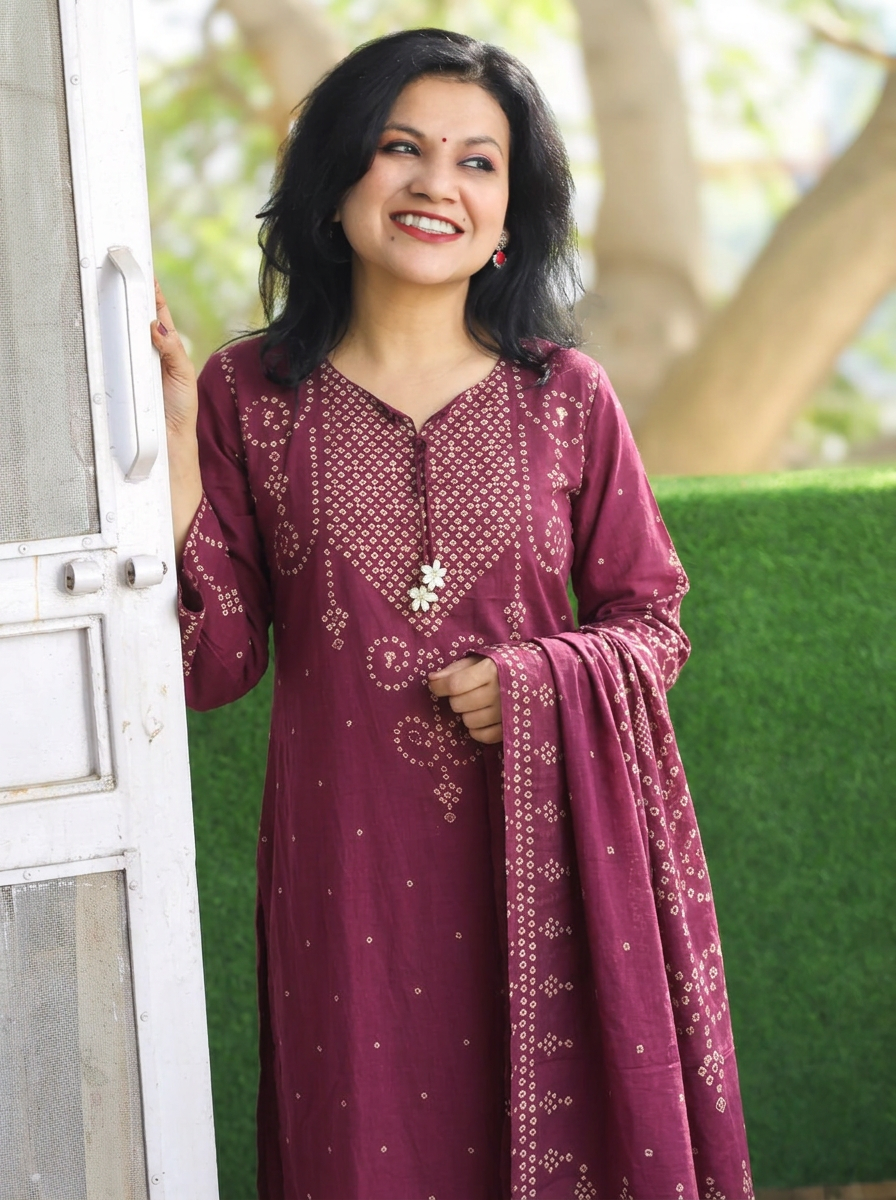 Rudhra Deep Wine Bandhej Print Cotton 3 Piece Set