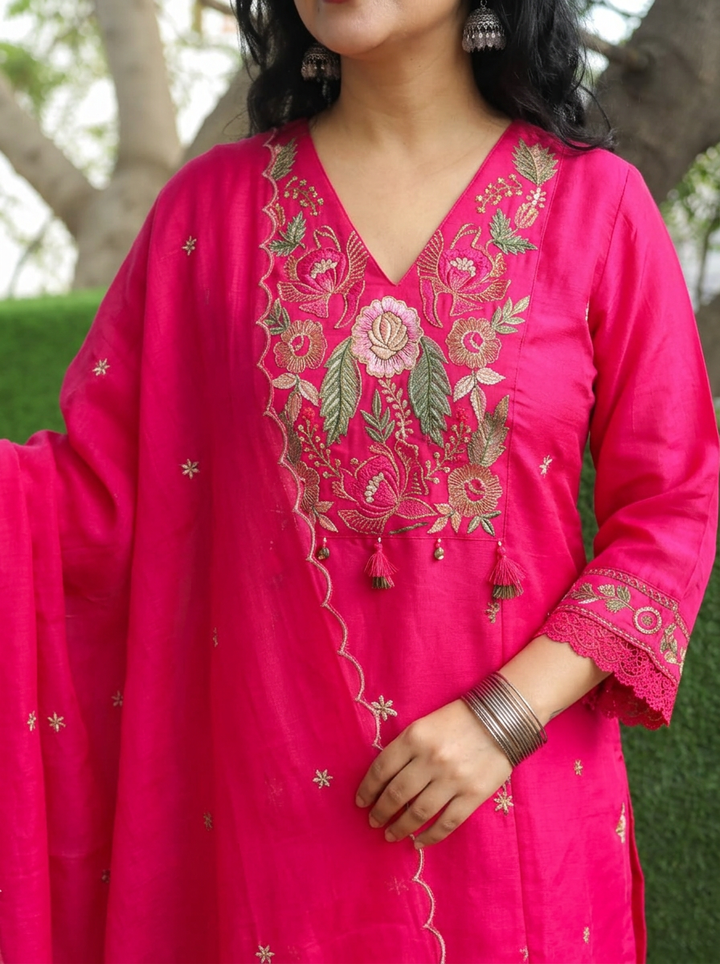 Meghrajni Rani Pink Embroidered Mul Chanderi Set