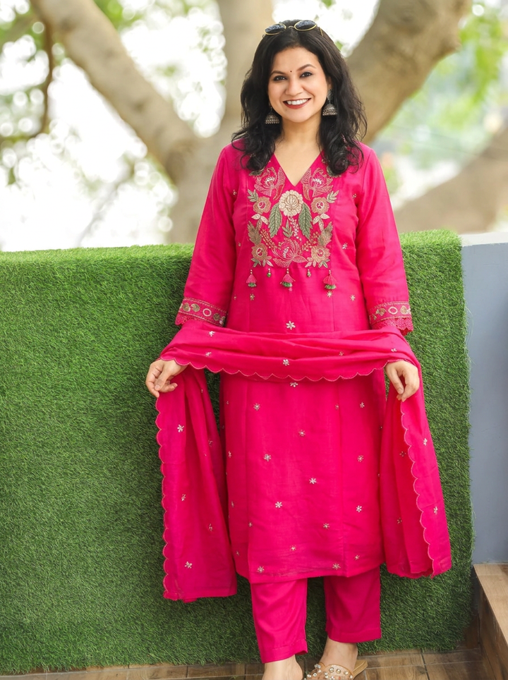 Meghrajni Rani Pink Embroidered Mul Chanderi Set