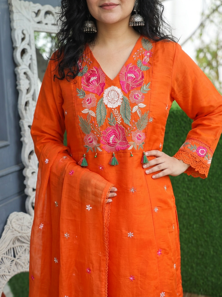 Meghrajni Orange Embroidered Mul Chanderi Set