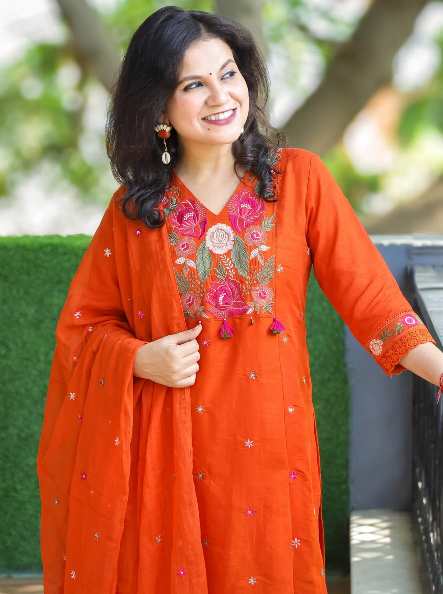 Meghrajni Orange Embroidered Mul Chanderi Set