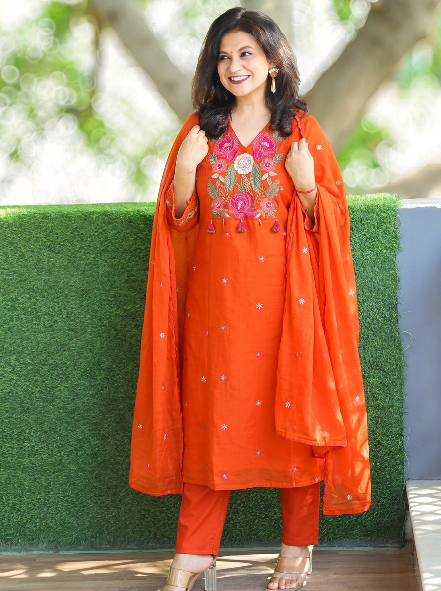 Meghrajni Orange Embroidered Mul Chanderi Set