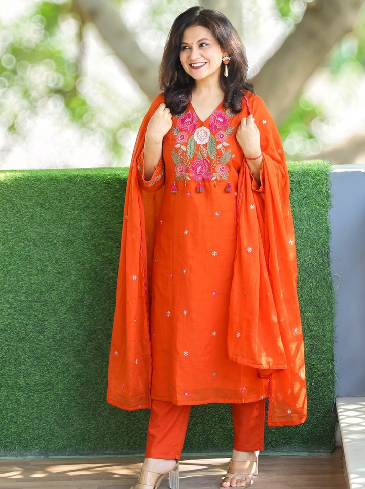 Meghrajni Orange Embroidered Mul Chanderi Set