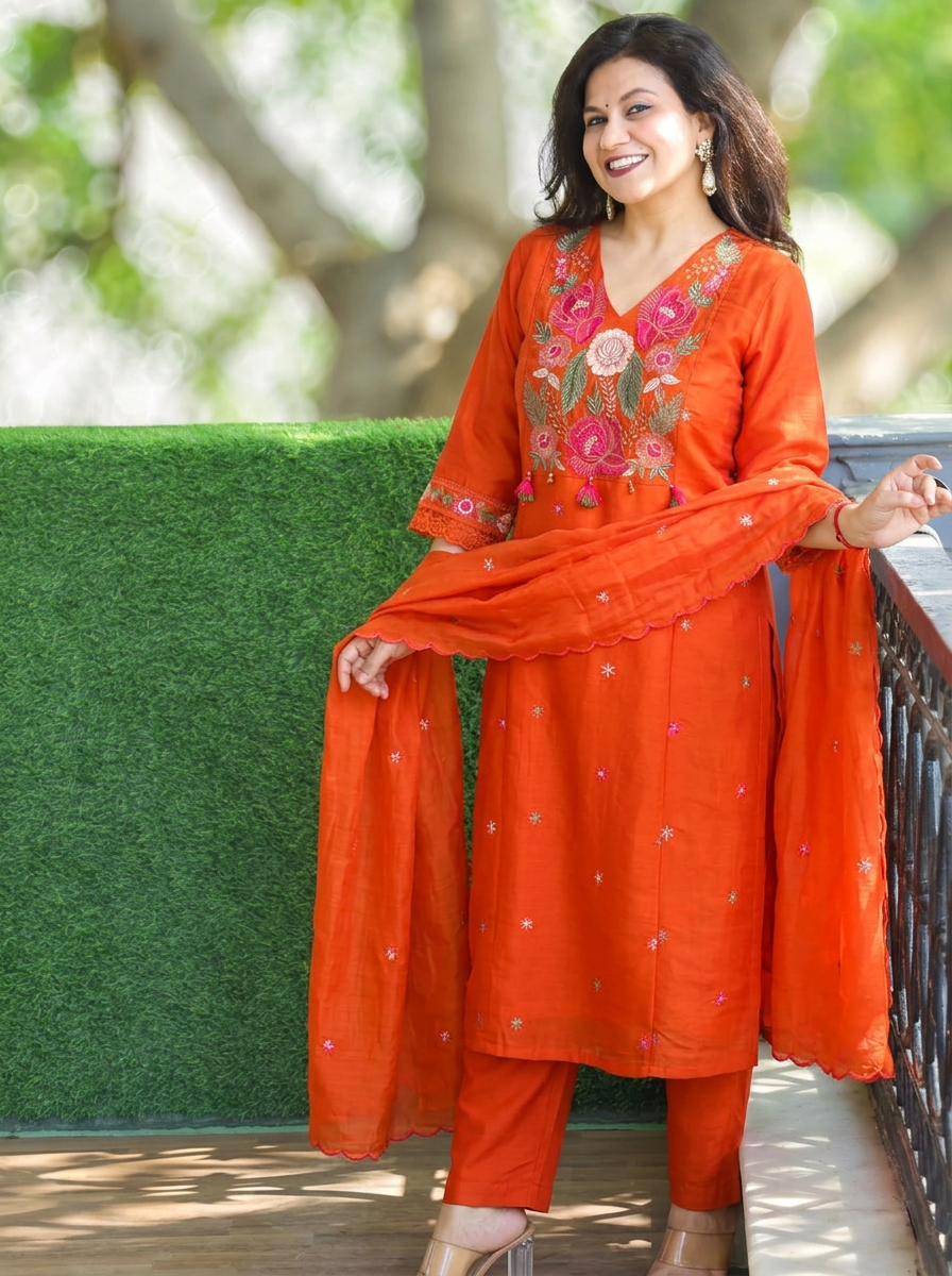 Meghrajni Orange Embroidered Mul Chanderi Set