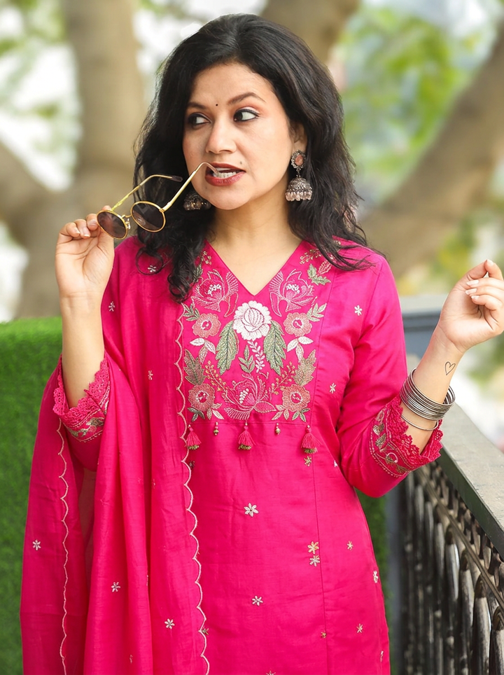 Meghrajni Rani Pink Embroidered Mul Chanderi Set