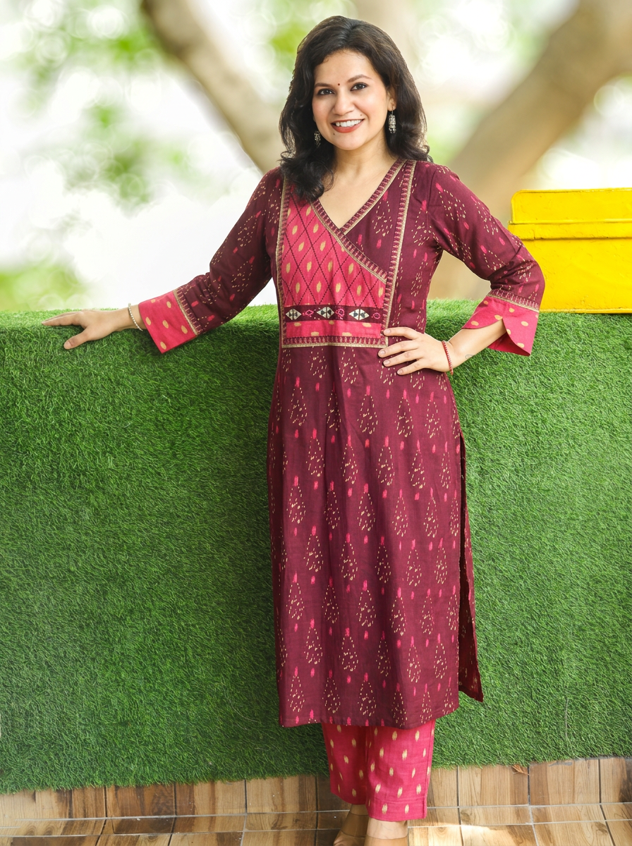 Rashmi Purple Angrakha Yoke Ikkat Cotton 2 Piece Set
