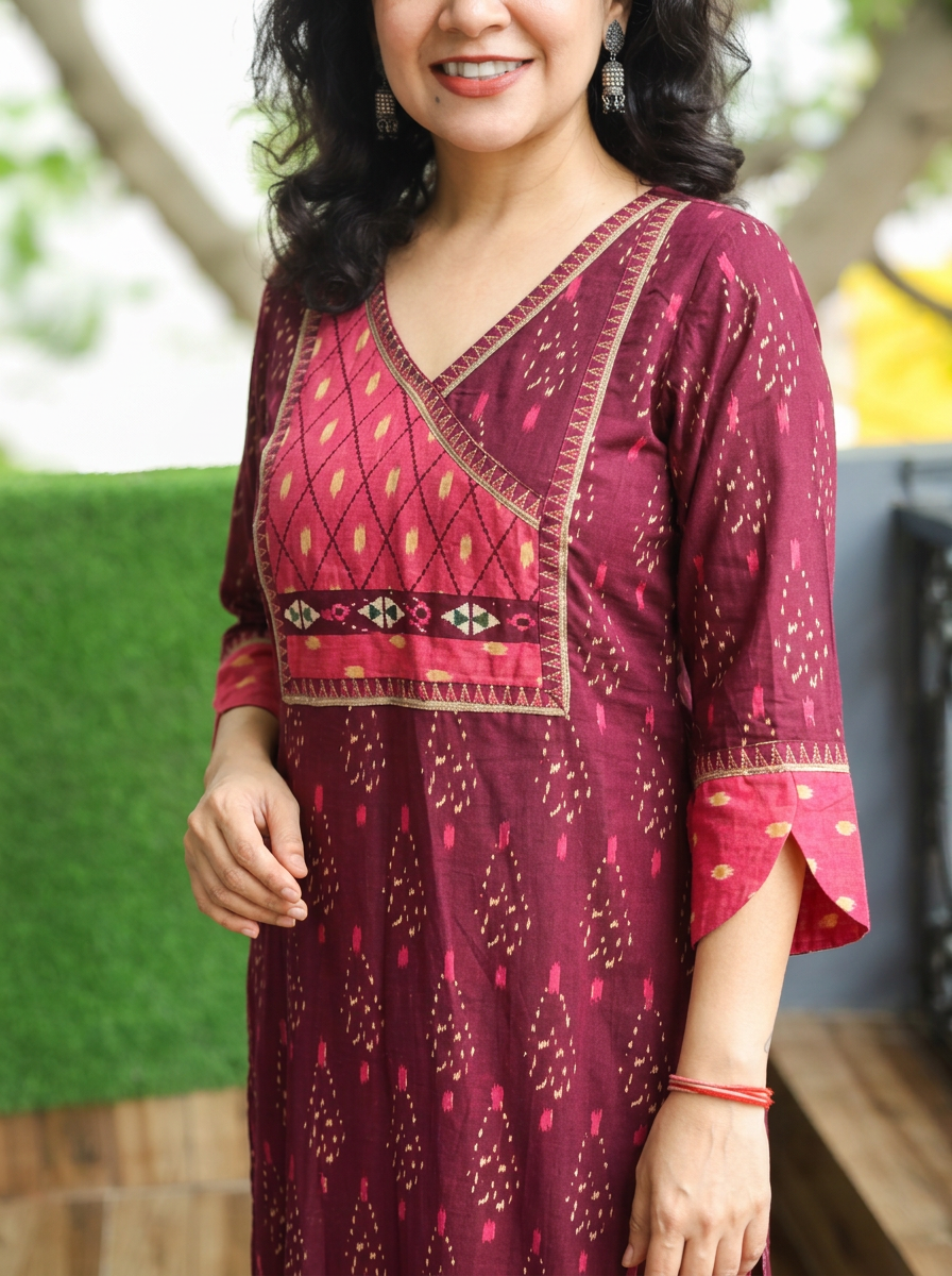 Rashmi Purple Angrakha Yoke Ikkat Cotton 2 Piece Set