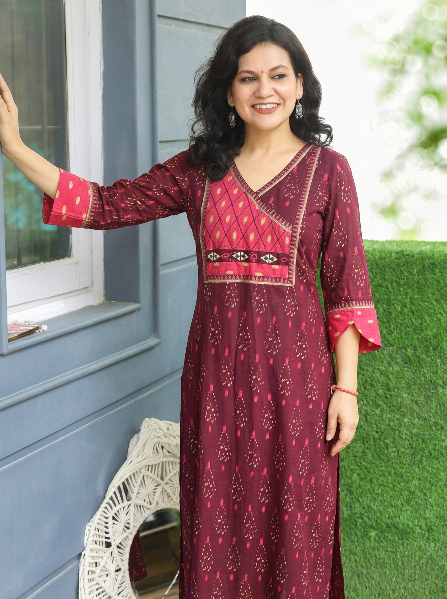 Rashmi Purple Angrakha Yoke Ikkat Cotton 2 Piece Set