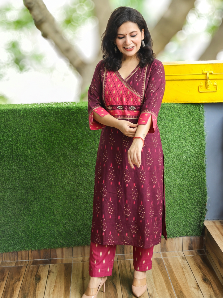 Rashmi Purple Angrakha Yoke Ikkat Cotton 2 Piece Set