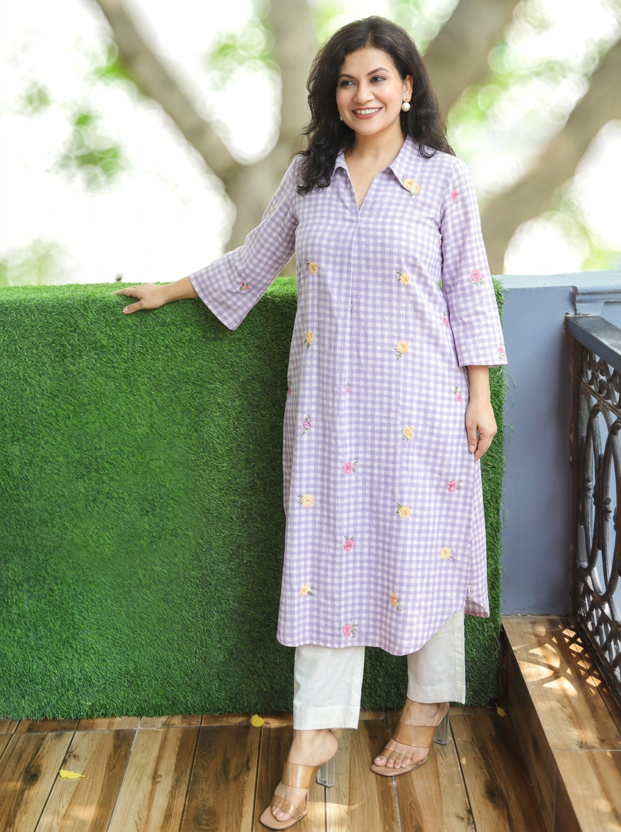 Amisha Lavender Gingham Print Cotton Linen Kurti