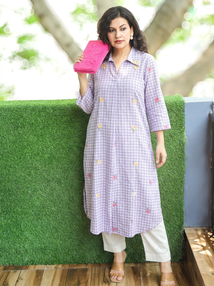 Amisha Lavender Gingham Print Cotton Linen Kurti