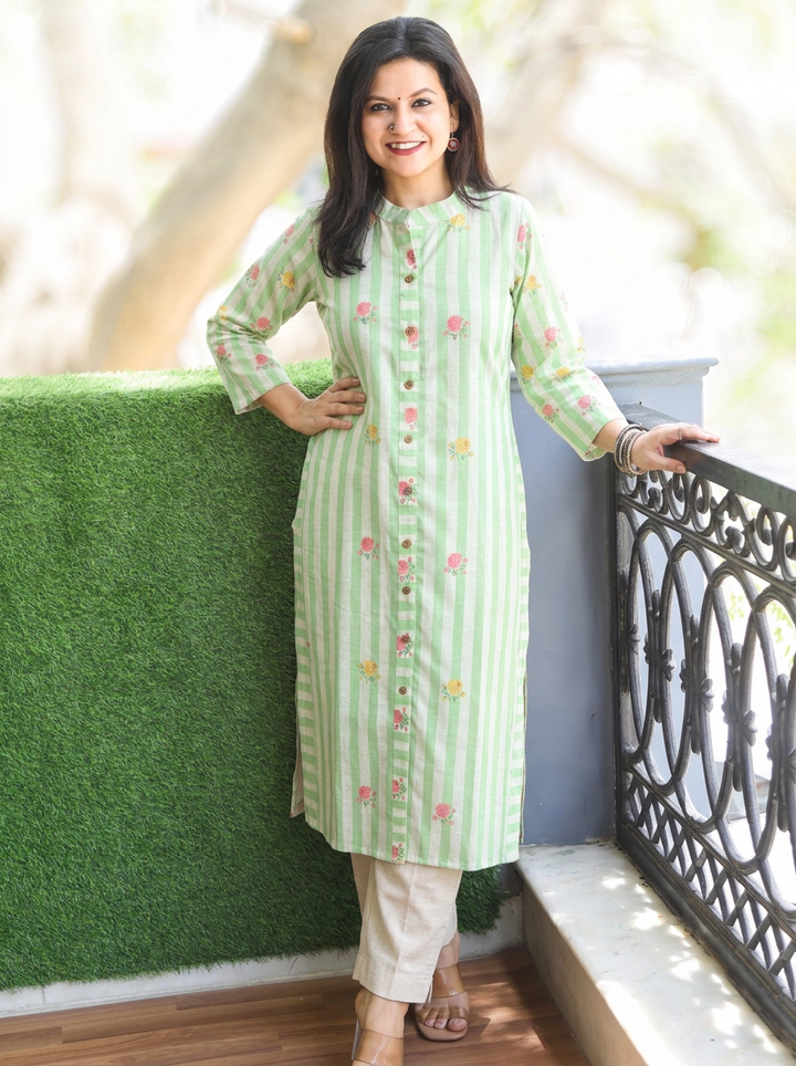 Meeravi Green White Stripe Print Cotton Linen Co-ord Set