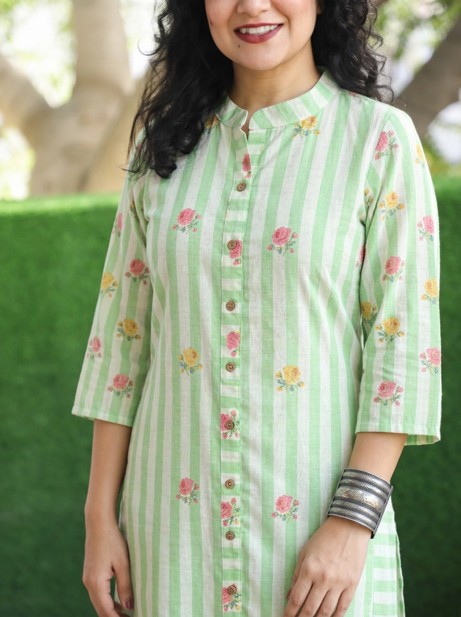 Meeravi Green White Stripe Print Cotton Linen Co-ord Set